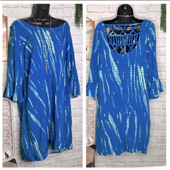 NWT Free 2 Luv Blue Jade Tie Dye Batik Dress Boho Hippie Size 1X - Picture 1 of 9